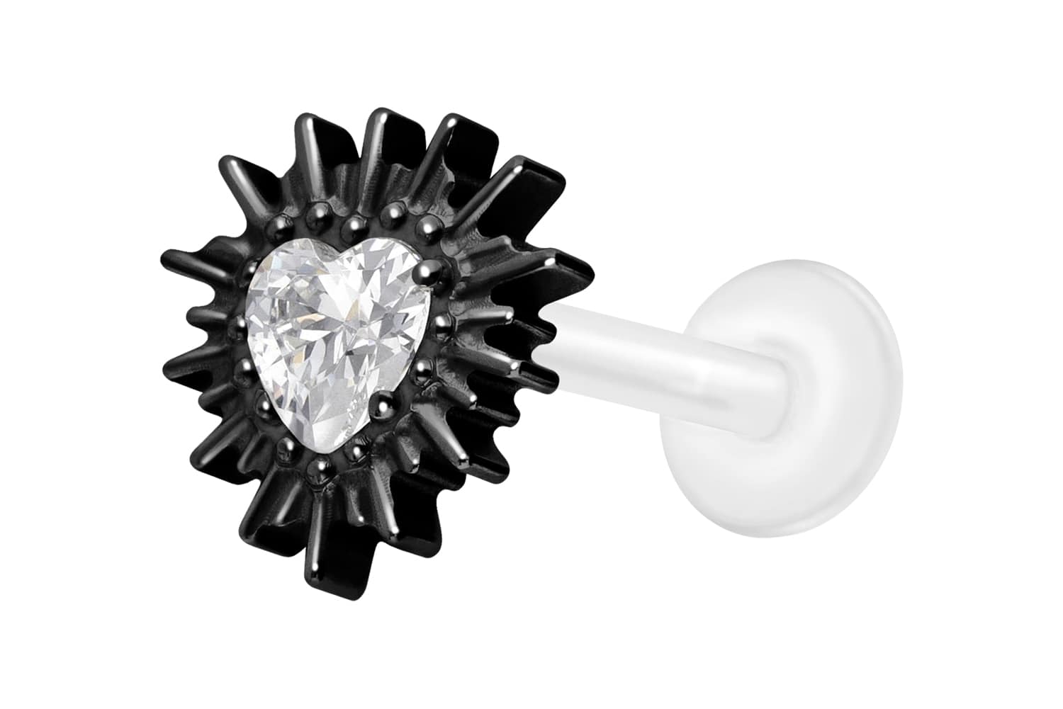 PTFE Labret Piercing mit Innengewinde + Titan-Aufsatz KRISTALLHERZ + SONNENSTRAHLEN